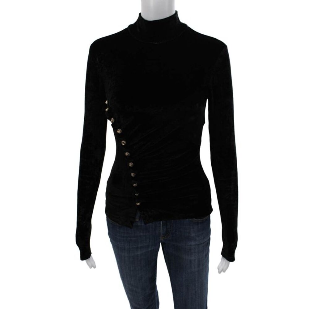 Rabanne Womens Designer Black Mock Neck Long Sleeve Button Up Blouse Size 36